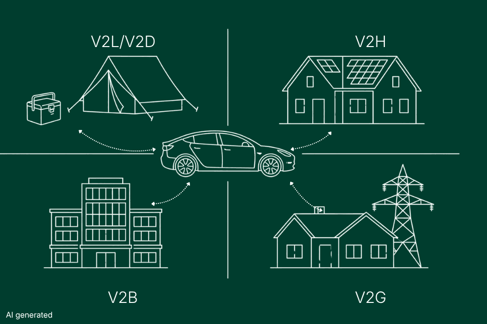 Die vier Formen des bidirektionalen Ladens - V2G, V2H, V2B und V2L - grafisch dargestellt