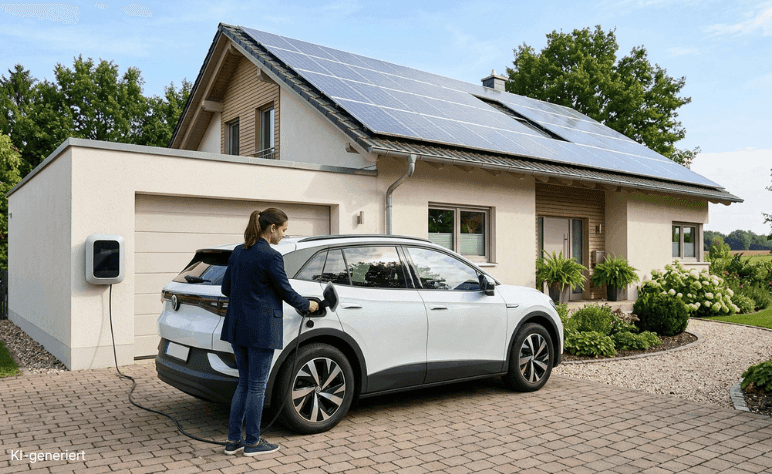 Eine Frau lädt ein Elektroauto bidirektional vor einem Haus mit einer Photovoltaik-Anlage auf dem Dach.